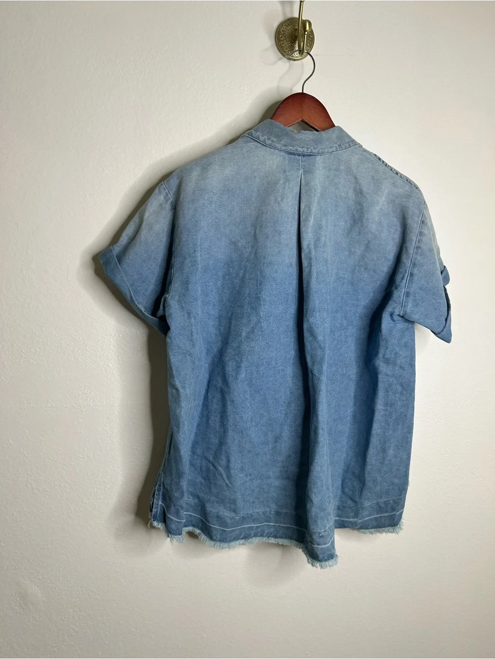 AG 100% Cotton Two Tone Denim Distressed Oversized Boxy Fit Popover Top - Picture 10 of 12